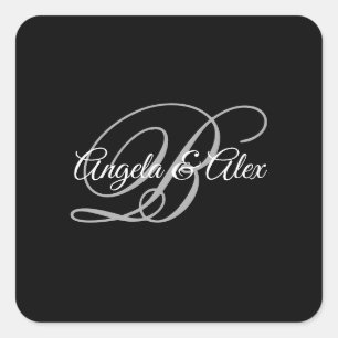 Pegatina Cuadrada Monograma de letra script elegante en negro gris y