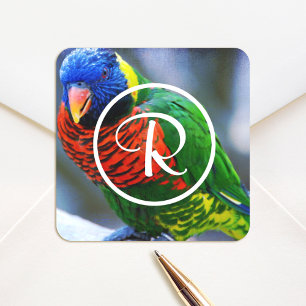 Pegatina Cuadrada Monograma de loro colorido rojo verde azul