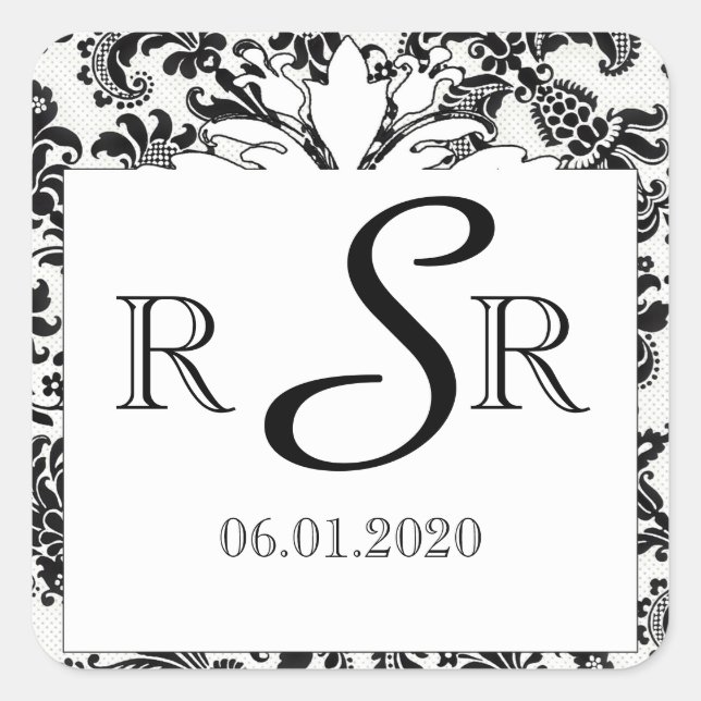 Pegatina Cuadrada Monograma de matrimonio de Damasco floral blanco y (Anverso)