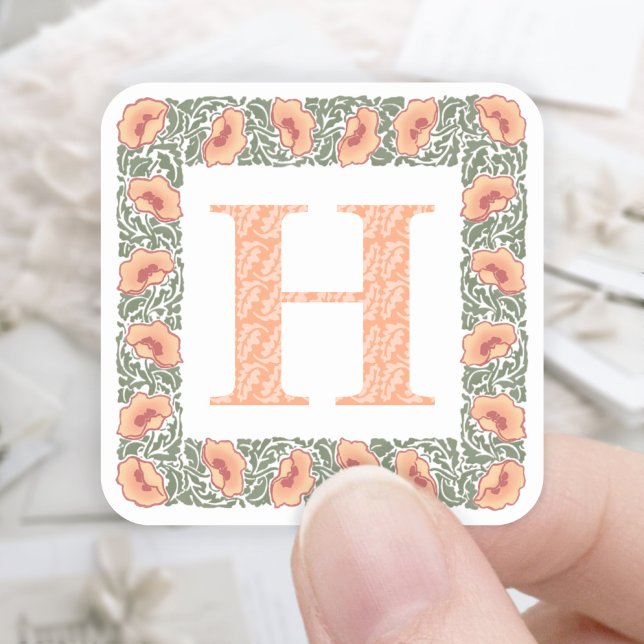 Pegatina Cuadrada Monograma de Naranja Floral y de Verdor de Poppies (Subido por el creador)