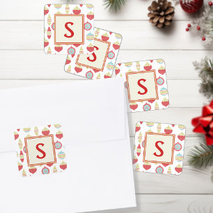 Pegatina Cuadrada Monograma de Ornamento de Navidad Retro Rojo