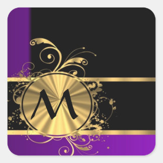 Pegatina Cuadrada Monograma de oro morado y negro