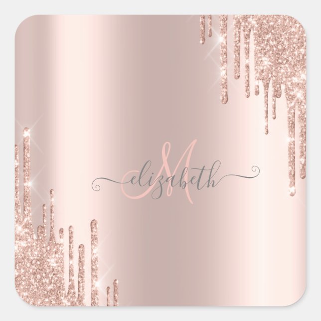 Pegatina Cuadrada Monograma de oro rosa con gotas de brillo modernas (Anverso)