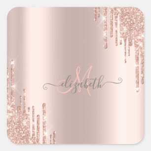 Pegatina Cuadrada Monograma de oro rosa con gotas de brillo modernas
