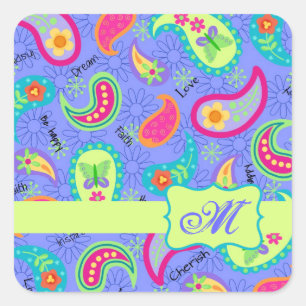 Pegatina Cuadrada Monograma de patrón paisley verde moderno