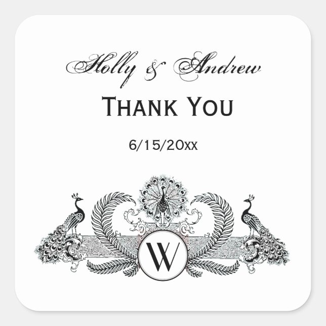 Pegatina Cuadrada Monograma de pavos reales (Anverso)