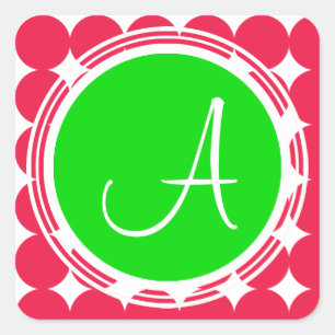 Pegatina Cuadrada Monograma de puntos de polka verde y rojo