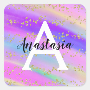 Pegatina Cuadrada Monograma de Purpurina de oro del arcoiris de Unic