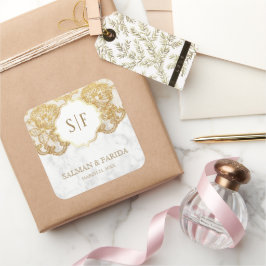 Pegatina Cuadrada Monograma de Relieve metalizado dorado de mármol b