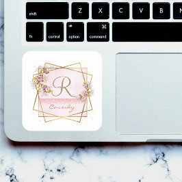 Pegatina Cuadrada Monograma de rosa elegante con brillo de oro rosa 