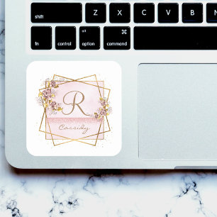 Pegatina Cuadrada Monograma de rosa elegante con brillo de oro rosa