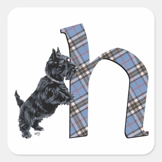 Pegatina Cuadrada Monograma de Terrier Escocés H (Anverso)