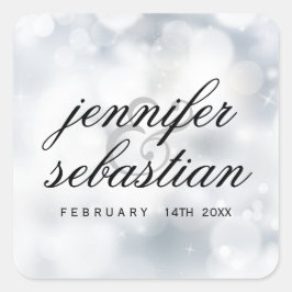 Pegatina Cuadrada Monograma del Boda de Luces de Purpurina Plateado 