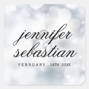 Pegatina Cuadrada Monograma del Boda de Luces de Purpurina Plateado 