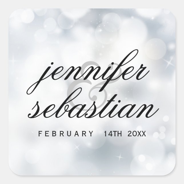 Pegatina Cuadrada Monograma del Boda de Luces de Purpurina Plateado  (Anverso)