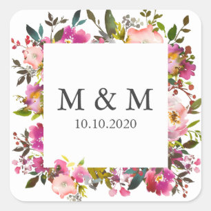 Pegatina Cuadrada Monograma del Boda floral del marco de la floració