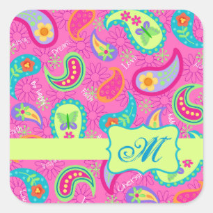Pegatina Cuadrada Monograma del patrón Paisley moderno Fuchsia Pin 