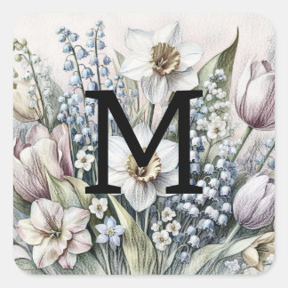 Pegatina Cuadrada Monograma dibujo floral tullitos rosados daffodios