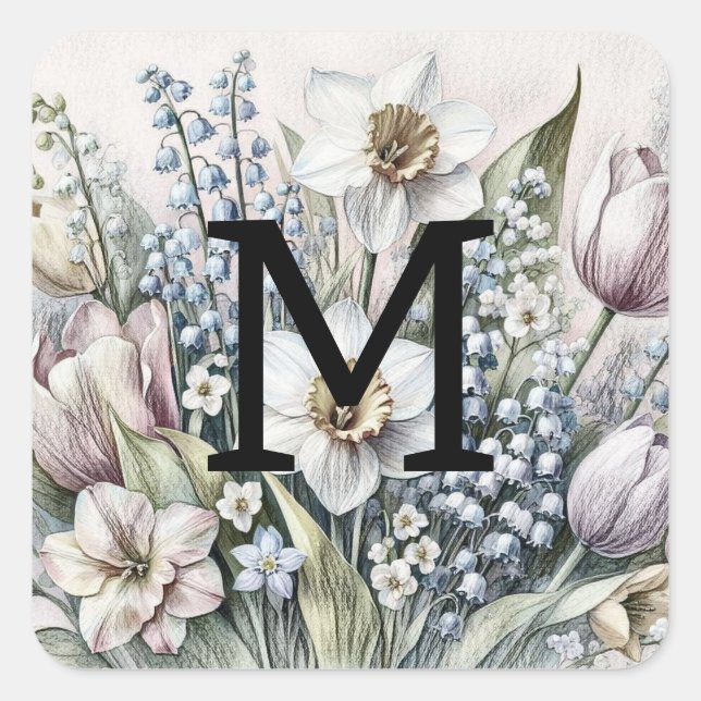 Pegatina Cuadrada Monograma dibujo floral tullitos rosados daffodios (Anverso)