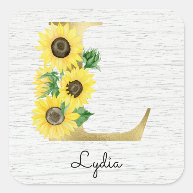 Pegatina Cuadrada Monograma Dorado Girasol Giro Floral Inicial L (Anverso)
