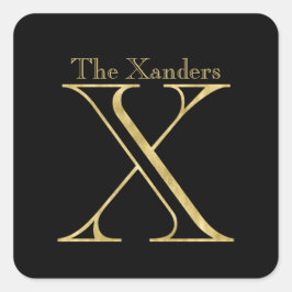 Pegatina Cuadrada Monograma dorado X y nombre en cualquier color