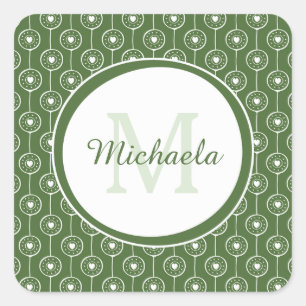 Pegatina Cuadrada Monograma elegante de Corazón Verde y Blanco con n