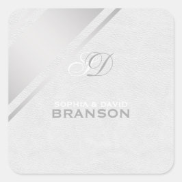 Pegatina Cuadrada Monograma elegante de cuero blanco de rayas platea