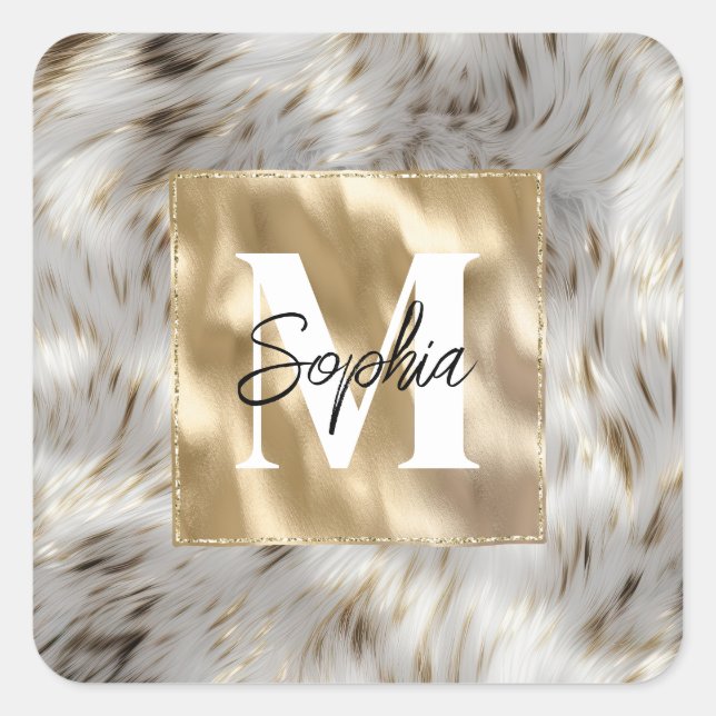 Pegatina Cuadrada Monograma elegante de oro blanco gris (Anverso)