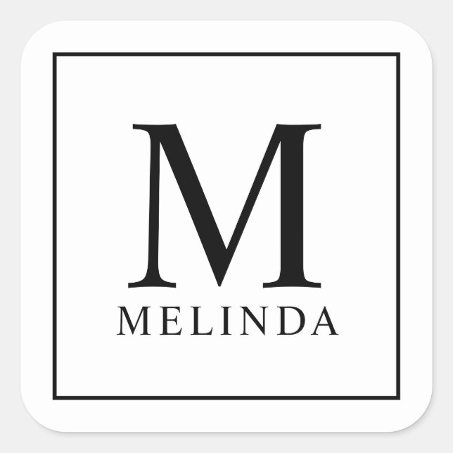 Pegatina Cuadrada Monograma elegante en blanco y negro (Anverso)