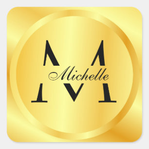 Pegatina Cuadrada Monograma elegante Faux Gold Glamorous Template