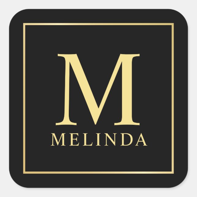 Pegatina Cuadrada Monograma elegante negro y dorado (Anverso)