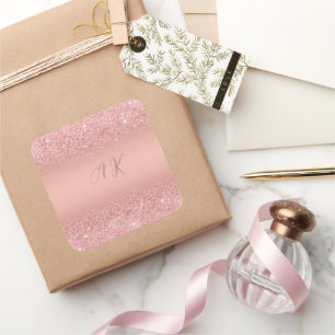 Pegatina Cuadrada Monograma Elegante Rosa Dorado Luxe Shimmer