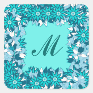 Pegatina Cuadrada Monograma enmarcado con flores - azul y blanco