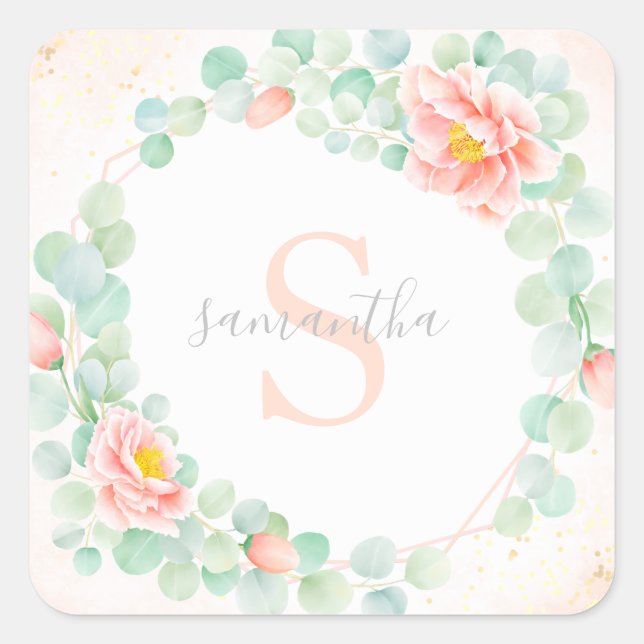 Pegatina Cuadrada Monograma Eucalyptus Deja La Ensalchada De Pena Fl (Anverso)