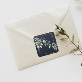 Pegatina Cuadrada Monograma Eucalyptus deja un Boda de la vegetación