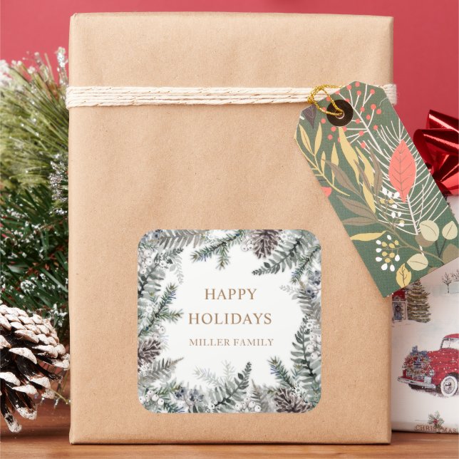 Pegatina Cuadrada Monograma Felices Fiestas Verde Invernal Azul (Vacaciones)