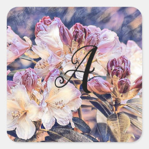 Pegatina Cuadrada Monograma Flor de color de agua azalea púrpura