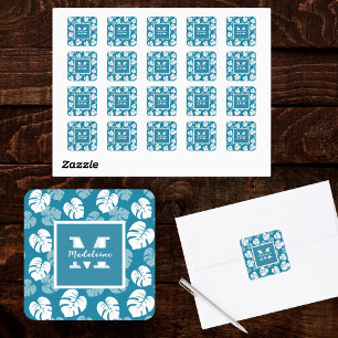Pegatina Cuadrada Monograma floral blanco teal de hoja de Monstera t