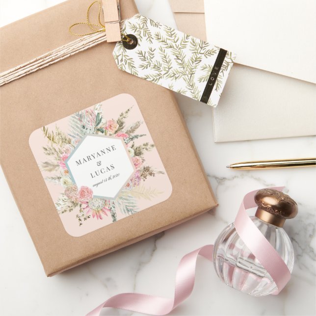Pegatina Cuadrada Monograma floral bohemio elegante (Regalar)