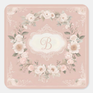 Pegatina Cuadrada Monograma floral boho rosa