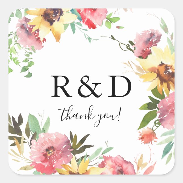 Pegatina Cuadrada Monograma floral de girasol de verano (Anverso)