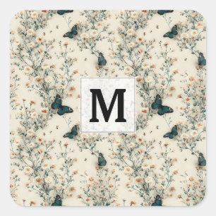 Pegatina Cuadrada Monograma Floral de Mariposa Azul Vintage