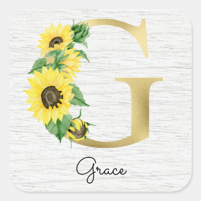 Pegatina Cuadrada Monograma Gold Giral Giro Floral Inicial G (Anverso)