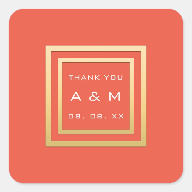 Pegatina Cuadrada Monograma Gracias Marco dorado Minimalismo Fecha B (Anverso)
