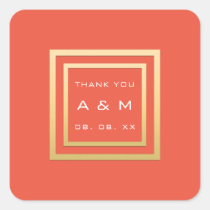 Pegatina Cuadrada Monograma Gracias Marco dorado Minimalismo Fecha B