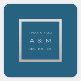Pegatina Cuadrada Monograma Gracias Marco Gris Boda Plata Azul Gris