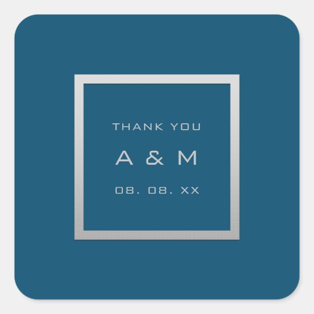 Pegatina Cuadrada Monograma Gracias Marco Gris Boda Plata Azul Gris (Anverso)