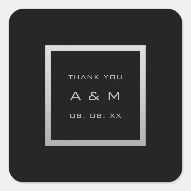 Pegatina Cuadrada Monograma Gracias Marco Gris Boda Plata Blanco Gri (Anverso)