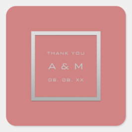 Pegatina Cuadrada Monograma Gracias Marco gris Boda Plata Coral