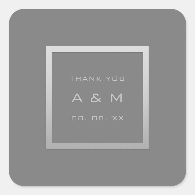Pegatina Cuadrada Monograma Gracias Marco gris Boda Plata Gris VIP (Anverso)